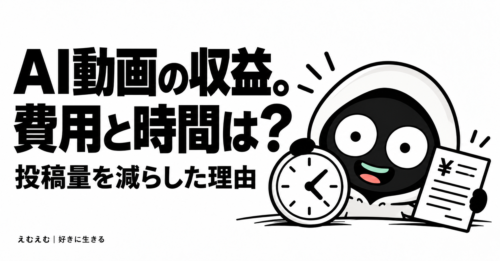 AI動画で収益が出ても、制作費と時間は別だった｜TikTokの投稿量を減らした理由のアイキャッチ。えむえむのアイコンキャラクターと白黒の見出し。