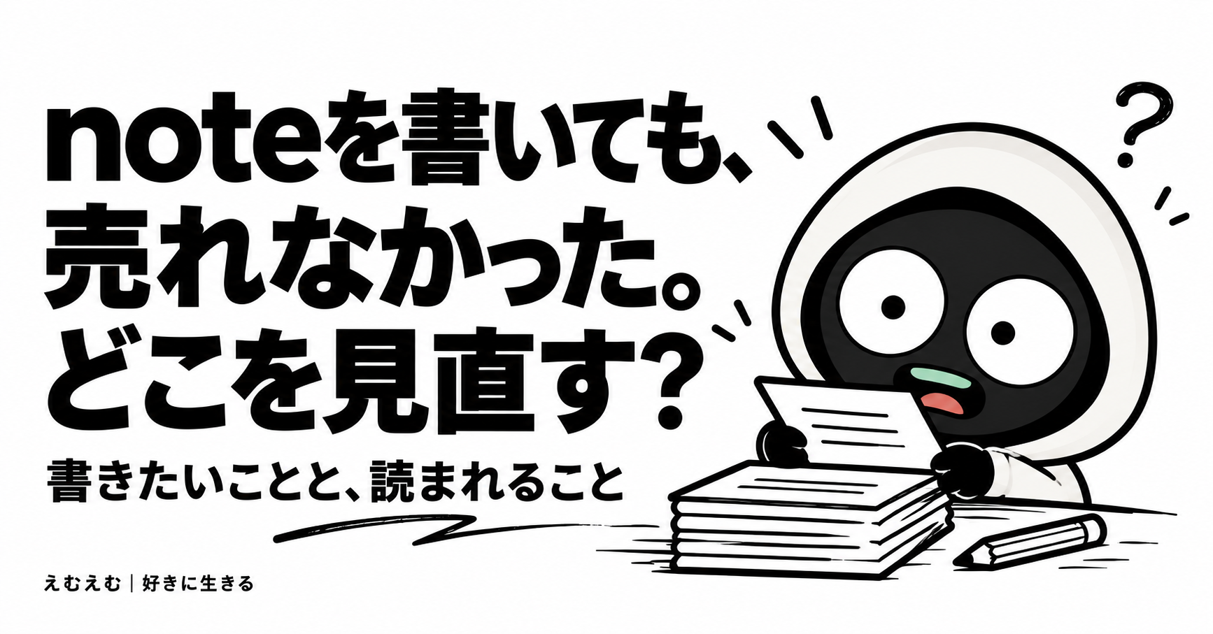 noteで有料記事を書いても収益ゼロだった私の振り返り｜書きたいことと売りたいことのアイキャッチ。えむえむのアイコンキャラクターと白黒の見出し。