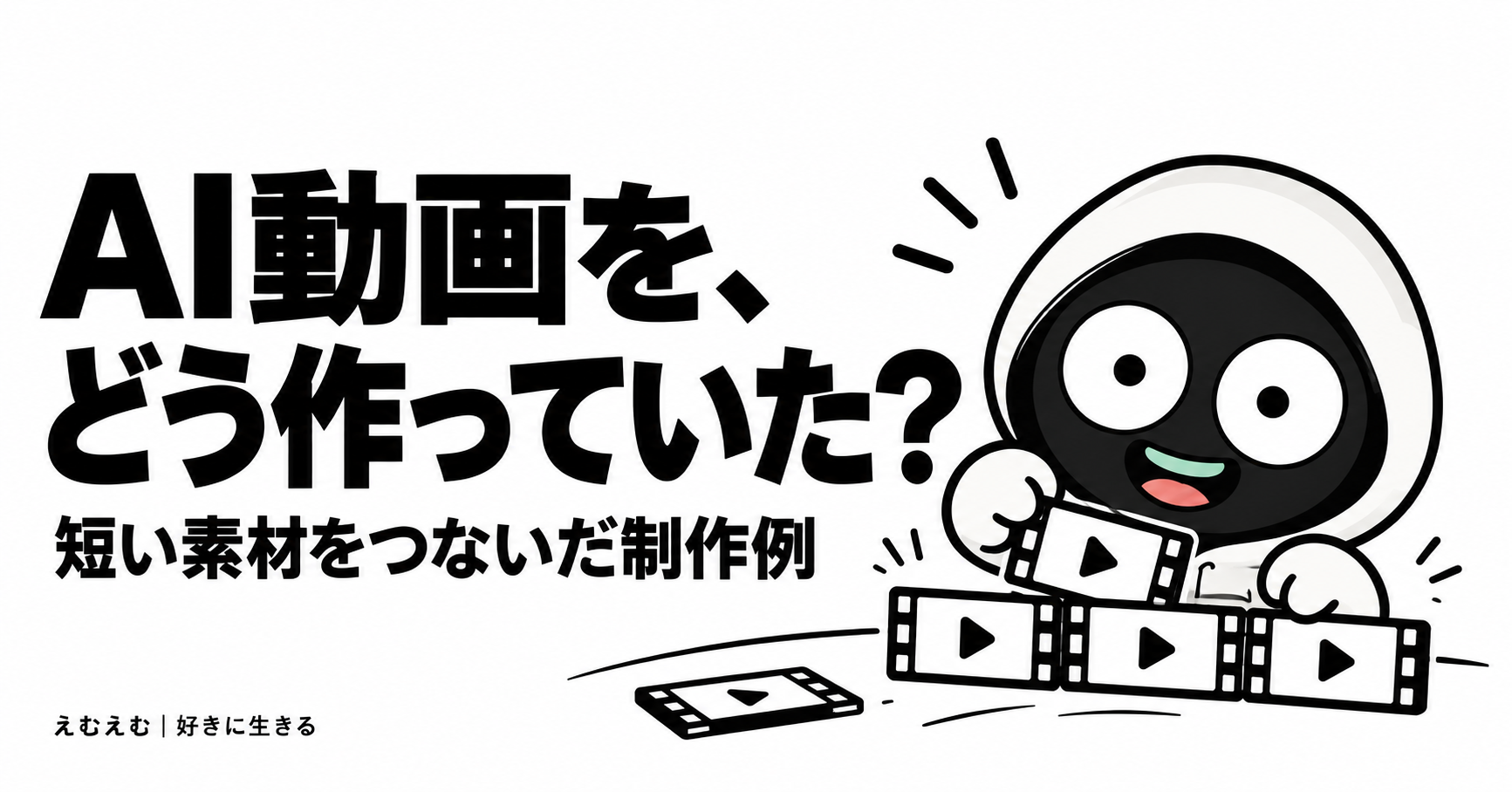 収益停止したAI動画は、どう作っていたのか｜8秒素材をつないだ私の制作例のアイキャッチ。えむえむのアイコンキャラクターと白黒の見出し。