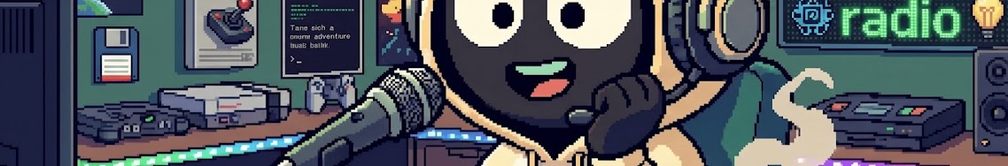 えむえむのYouTubeチャンネルバナー:マイクとレトロゲームに囲まれたキャラクター